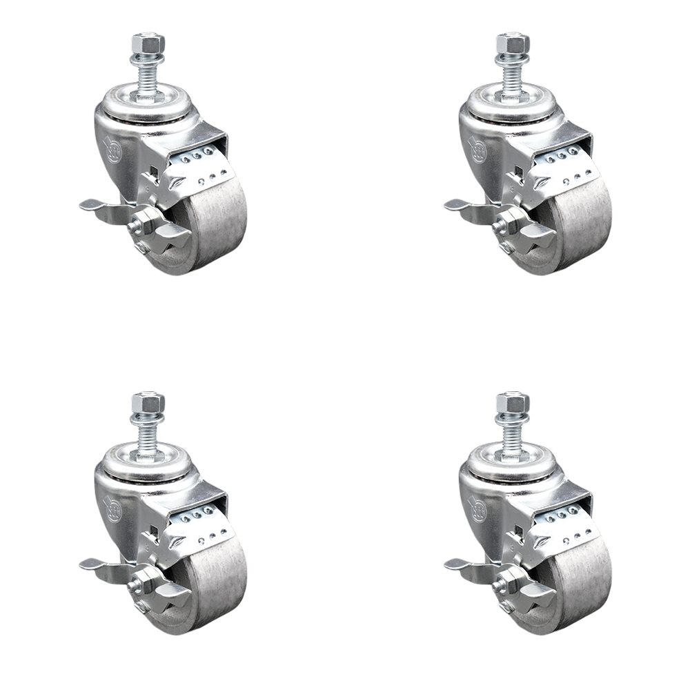 Semi Steel Cast Iron Swivel Threaded Stem Caster with Roller Bearing, 3 x 1.5 in. Silver Wheels & 12 mm Stems - Set of 4