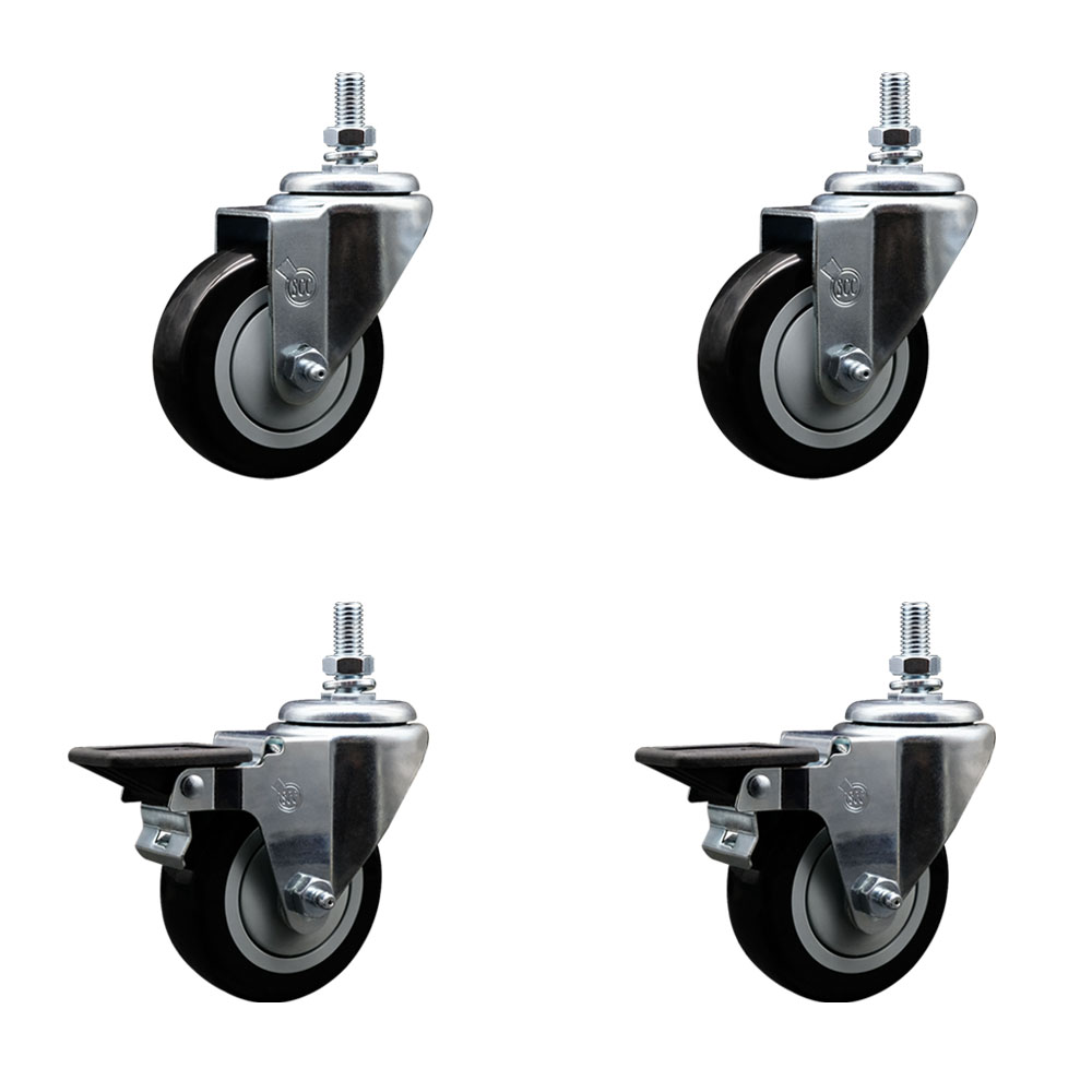 SCC-TS20S3514-PPUB-BLK-M1015-2-PLB-2 Polyurethane Swivel Threaded Stem Caster with 3.5 x 1.25 in. Black Wheels & 10 mm Stems - Set of 4