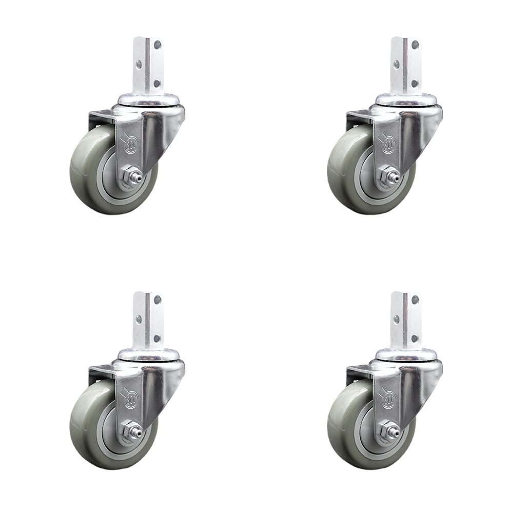 Swivel Square Stem Caster with 3 x 1.25 in. Gray Polyurethane Wheel, 0.75 x 2 in. Square Stem with 3 0.26 in. Diameter Mounting Holes - Set of 4