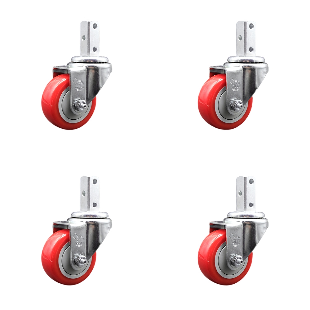Swivel Square Stem Caster with 3 x 1.25 in. Red Polyurethane Wheel, 0.75 x 2 in. Square Stem with 3 0.26 in. Diameter Mounting Holes - Set of 4