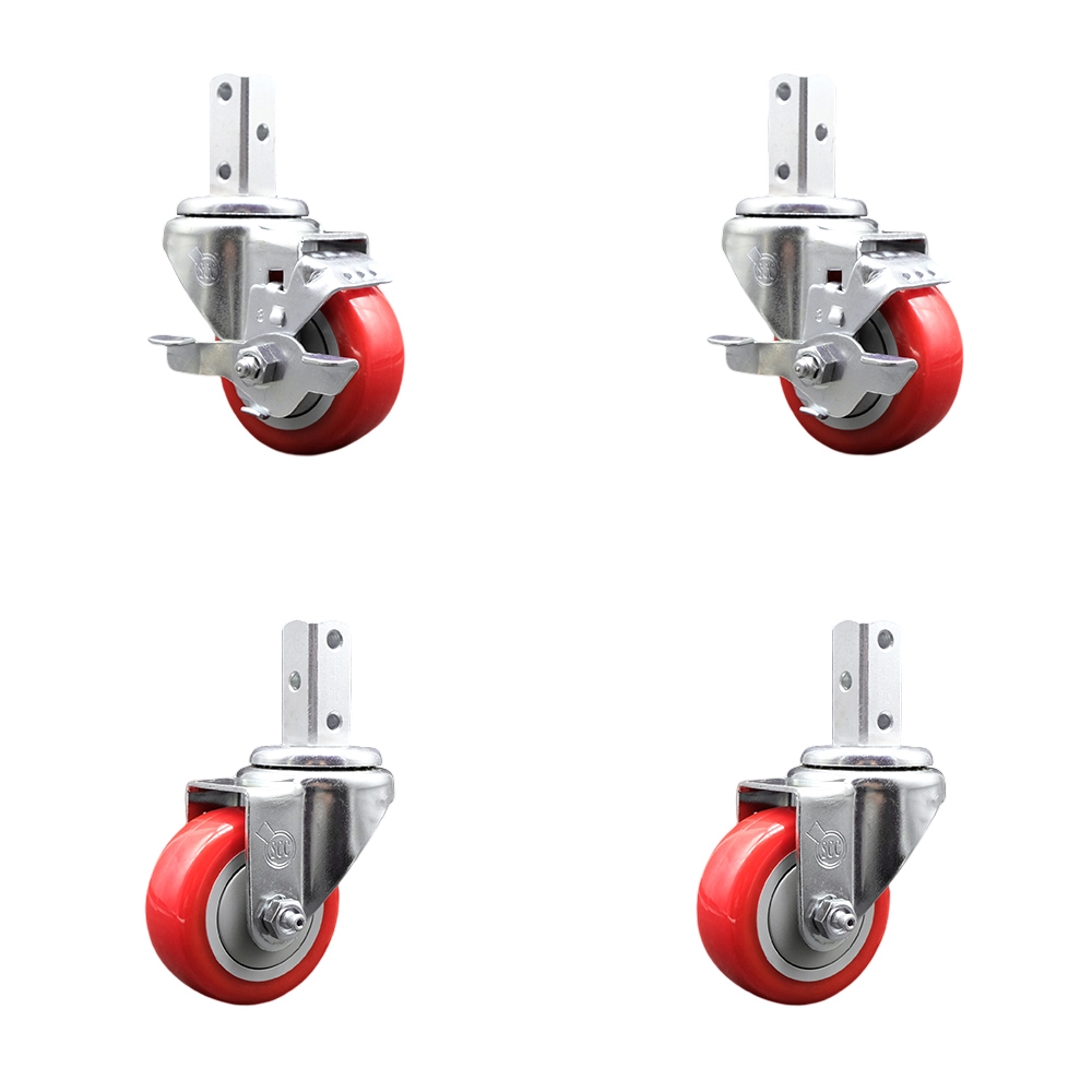 Swivel Square Stem Caster with 3 x 1.25 in. Red Poly Wheel, 0.75 x 2 in. Square Stem with 3 0.26 in. Diameter Mounting Holes - Set of 4