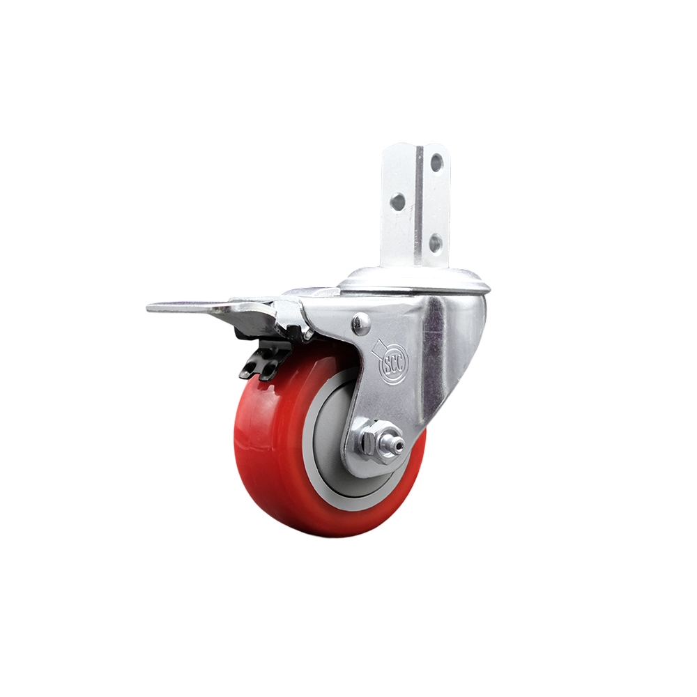 Swivel Square Stem Caster with 3.5 x 1.25 in. Red Polyurethane Wheel, 0.75 x 2 in. Square Stem with 3 0.26 in. Diameter Mounting Holes
