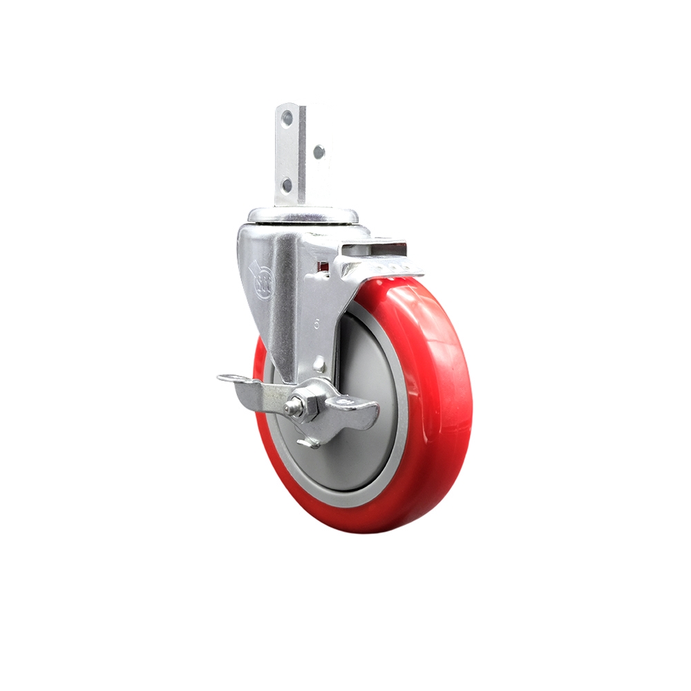 Swivel Square Stem Caster with 5 x 1.25 in. Red Polyurethane Wheel, 0.87 x 2 in. Square Stem with 3 0.26 in. Diameter Mounting Holes