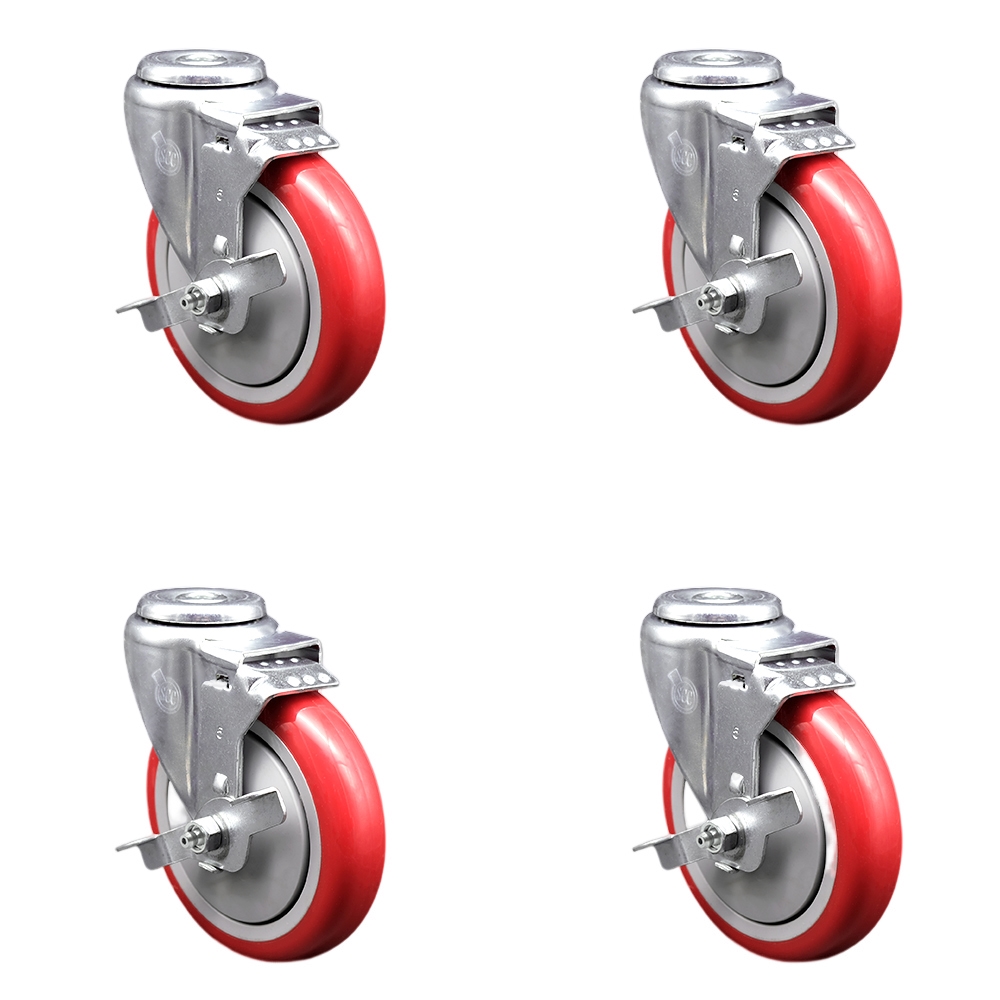 SCC-SSBH20S514-PPUB-RED-TLB-4 Stainless Steel Polyurethane Swivel Bolt Hole Caster with 5 x 1.25 in. Red Wheels - Set of 4