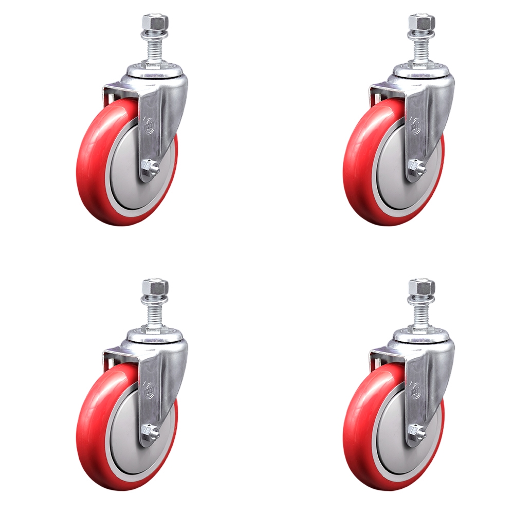 SCC-TS20S514-PPUB-RED-121315-4 Polyurethane Swivel Threaded Stem Caster with 5 x 1.25 in. Red Wheels & 0.5 in. Stems - Set of 4