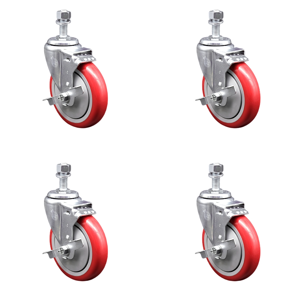 SCC-TS20S514-PPUB-RED-TLB-121315-4 Polyurethane Swivel Threaded Stem Caster with 5 x 1.25 in. Red Wheels & 0.5 in. Stems - Set of 4