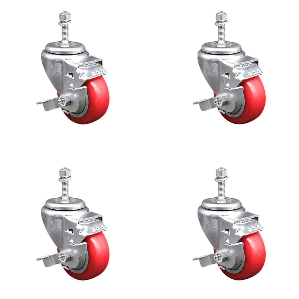 SCC-TS20S314-PPUB-RED-TLB-M1015-4 Polyurethane Swivel Threaded Stem Caster with 3 x 1.25 in. Red Wheels & 10 mm Stems - Set of 4