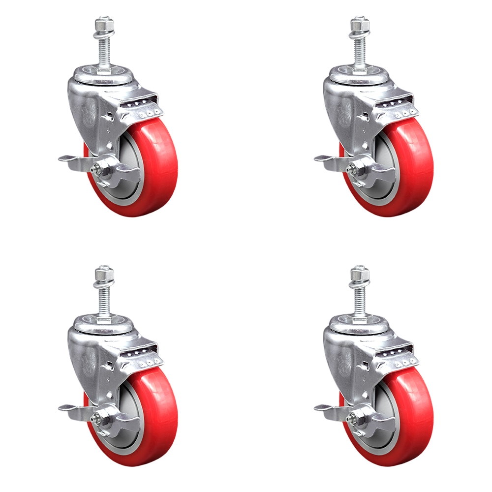 SCC-TS20S414-PPUB-RED-TLB-M1015-4 Polyurethane Swivel Threaded Stem Caster with 4 x 1.25 in. Red Wheels & 10 mm Stems - Set of 4