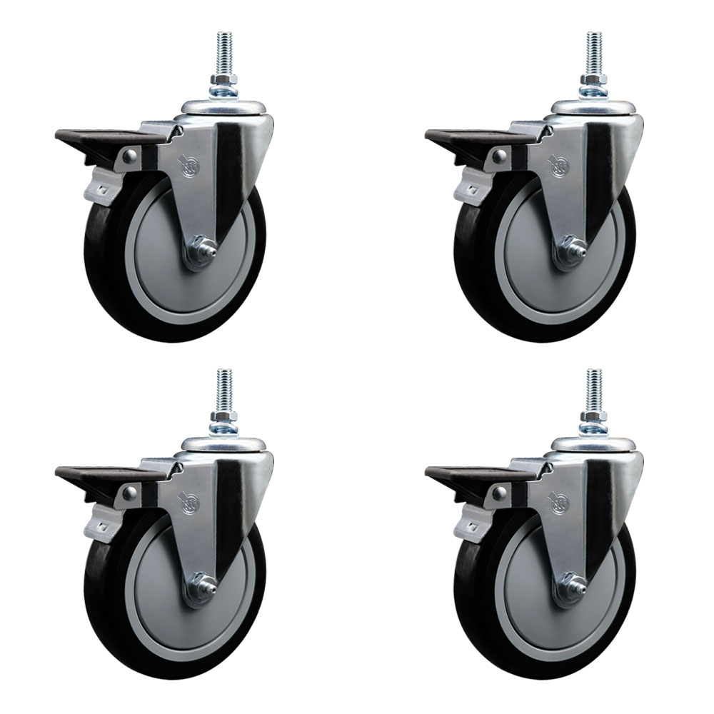 SCC-TS20S514-PPUB-BLK-PLB-M1215-4 Polyurethane Swivel Threaded Stem Caster with 5 x 1.25 in. Black Wheels & 12 mm Stems - Set of 4