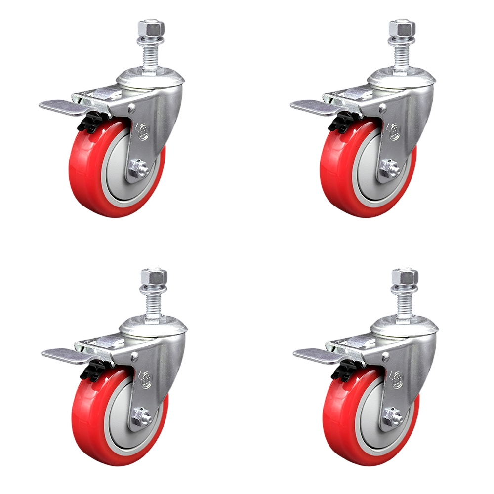 SCC-TSTTL20S414-PPUB-RED-M1215-4 Polyurethane Swivel Threaded Stem Caster with 4 x 1.25 in. Red Wheels & 12 mm Stems - Set of 4
