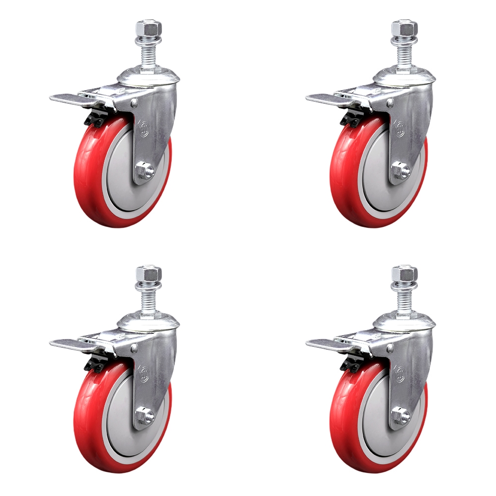SCC-SSTSTTL20S514-PPUB-RED-M1215-4 Stainless Steel Polyurethane Swivel Threaded Stem Caster with 5 x 1.25 in. Red Wheels & 12 mm Stems - Set of 4