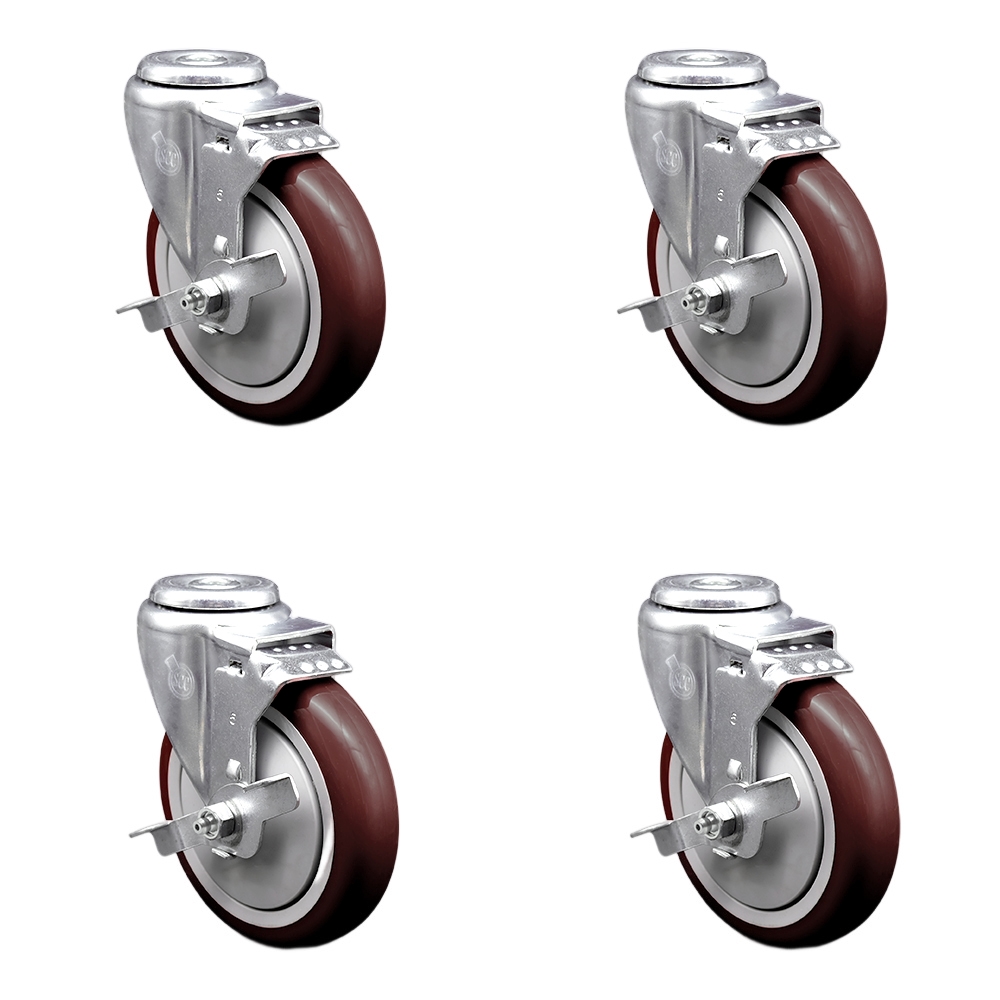 SCC-SSBH20S514-PPUB-MRN-TLB-4 Stainless Steel Polyurethane Swivel Bolt Hole Caster with 5 x 1.25 in. Maroon Wheels - Set of 4