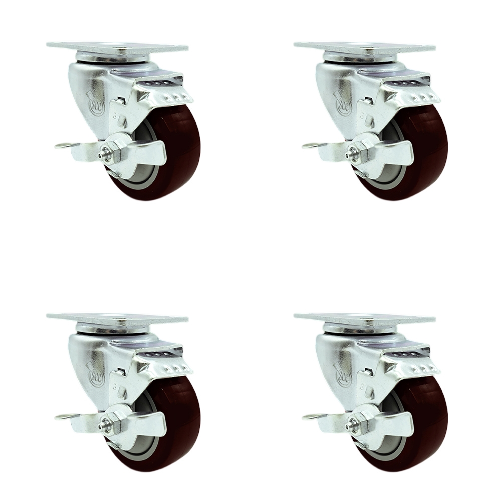 SCC-SS20S3514-PPUB-MRN-TLB-4 Stainless Steel Polyurethane Swivel Top Plate Caster with 3.5 x 1.25 in. Maroon Wheels - Set of 4