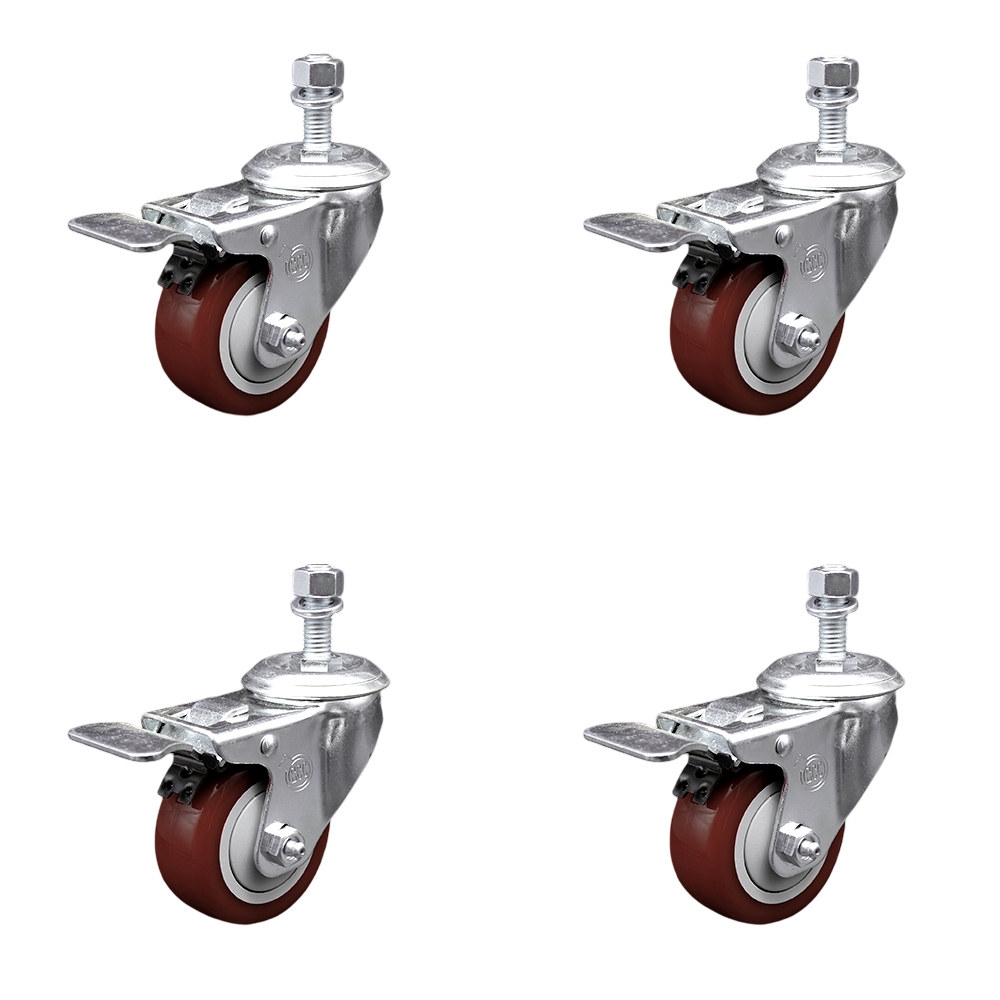 Stainless Steel Polyurethane Swivel Threaded Stem Caster with 3.5 x 1.25 in. Maroon Wheels & 0.5 in. Stems - Set of 4