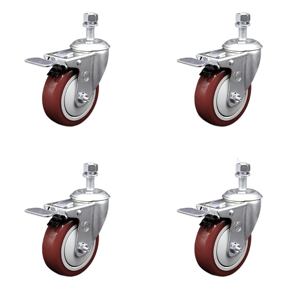 Stainless Steel Polyurethane Swivel Threaded Stem Caster with 4 x 1.25 in. Maroon Wheels & 0.5 in. Stems - Set of 4