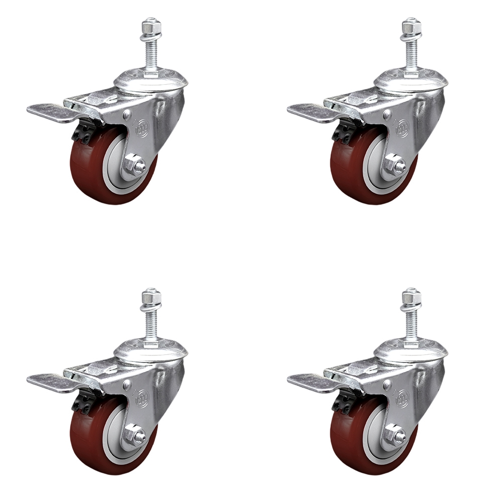 Stainless Steel Polyurethane Swivel Threaded Stem Caster with 3 x 1.25 in. Maroon Wheels & 0.38 in. Stems - Set of 4