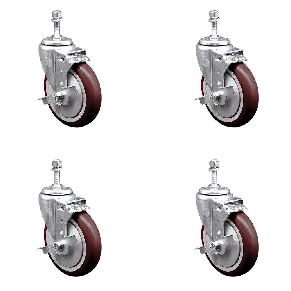 SCC-TS20S514-PPUB-MRN-TLB-M1015-4 Polyurethane Swivel Threaded Stem Caster with 5 x 1.25 in. Maroon Wheels & 10 mm Stems - Set of 4