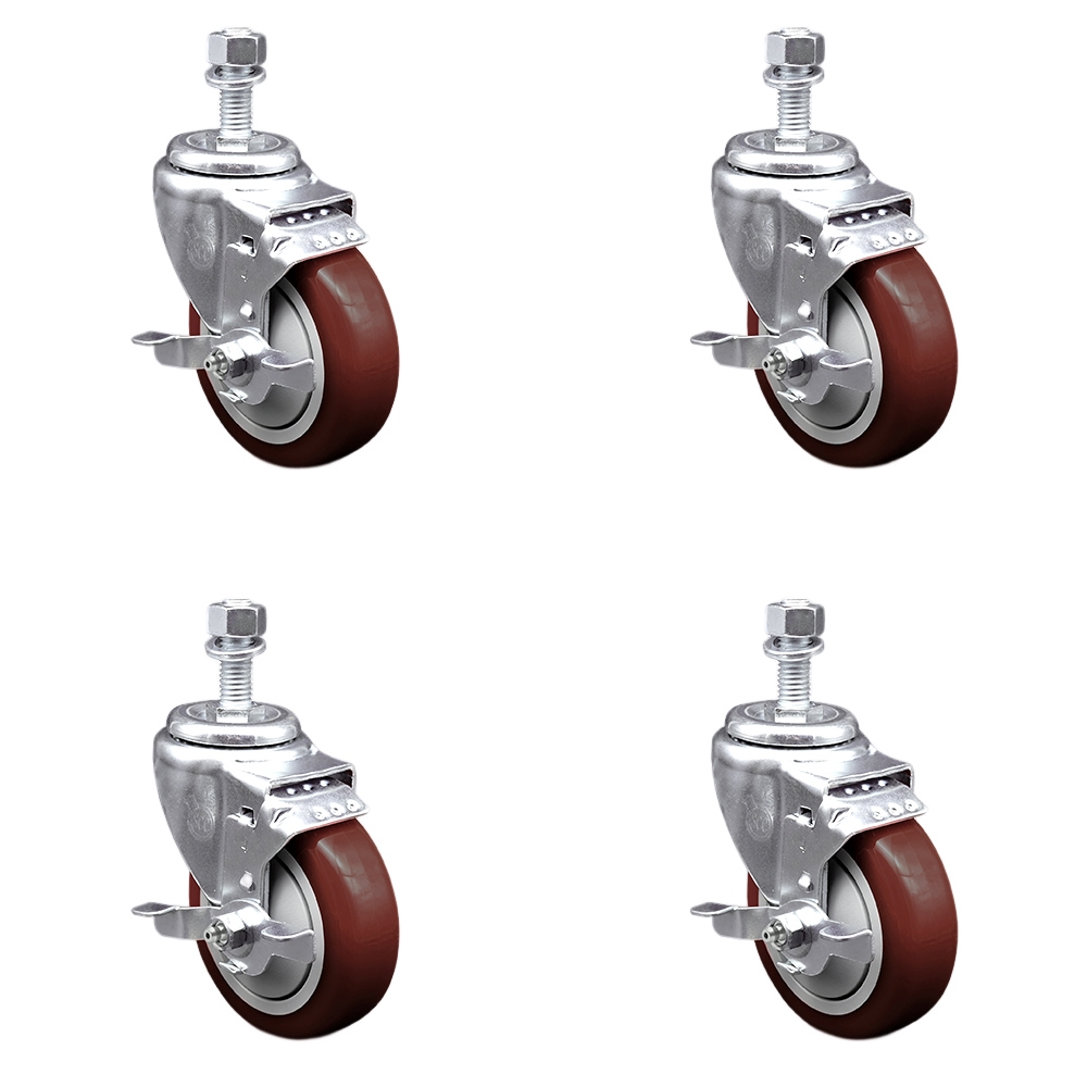 SCC-TS20S414-PPUB-MRN-TLB-M1215-4 Polyurethane Swivel Threaded Stem Caster with 4 x 1.25 in. Maroon Wheels & 12 mm Stems - Set of 4