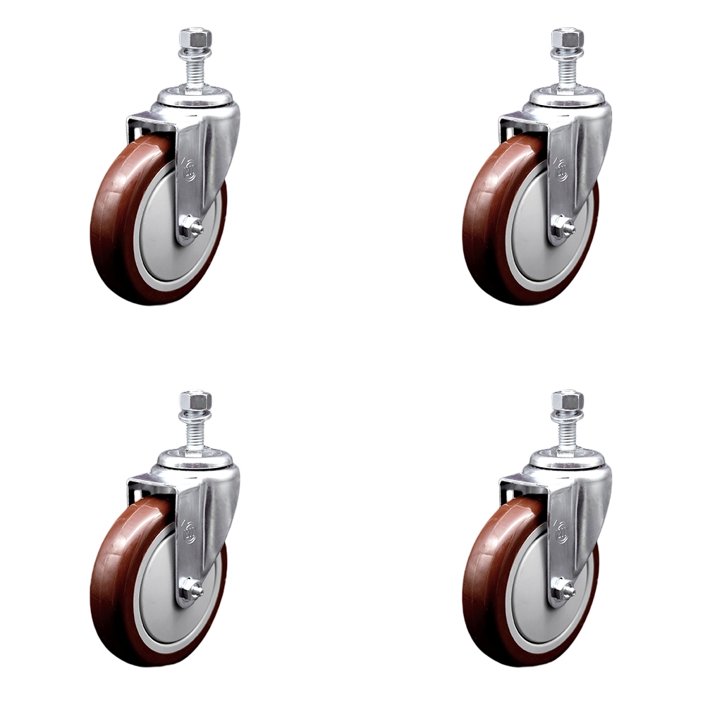 SCC-SSTS20S514-PPUB-MRN-M1215-4 Stainless Steel Polyurethane Swivel Threaded Stem Caster with 5 x 1.25 in. Maroon Wheels & 12 mm Stems - Set of 4