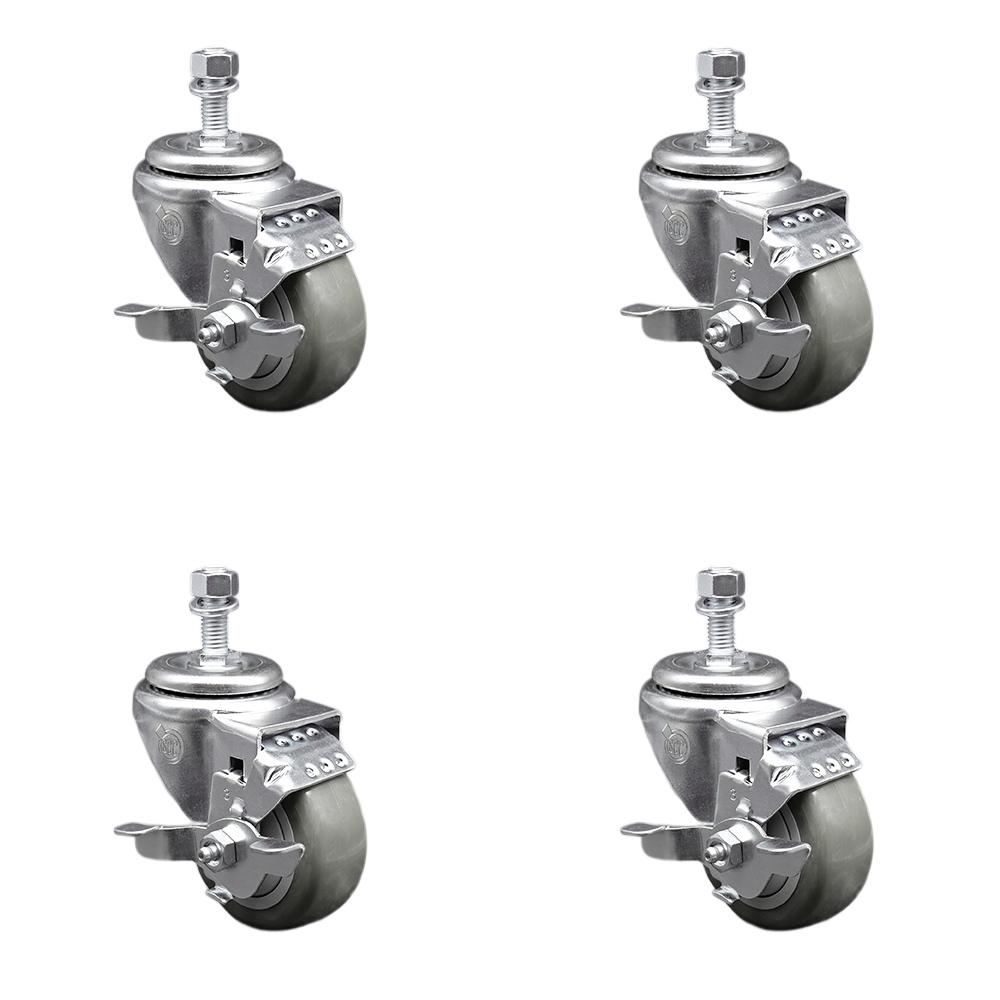 SCC-SSTS20S314-PPUB-TLB-121315-4 Stainless Steel Polyurethane Swivel Threaded Stem Caster with 3 x 1.25 in. Gray Wheels & 0.5 in. Stems - Set of 4