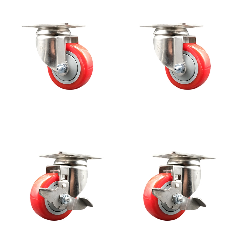 SCC-SS31620S3514-PPUB-RED-2-TLB-2 Polyurethane Swivel Top Plate Caster with 3.5 in. 316 Stainless Steel Red Wheels - Set of 4