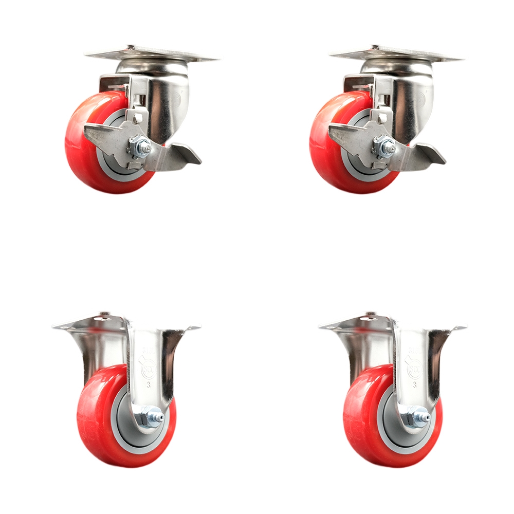 SCC-SS31620S3514-PPUB-RED-TLB-2-R-2 Polyurethane Swivel Top Plate Caster with 3.5 in. 316 Stainless Steel Red Wheels - Set of 4