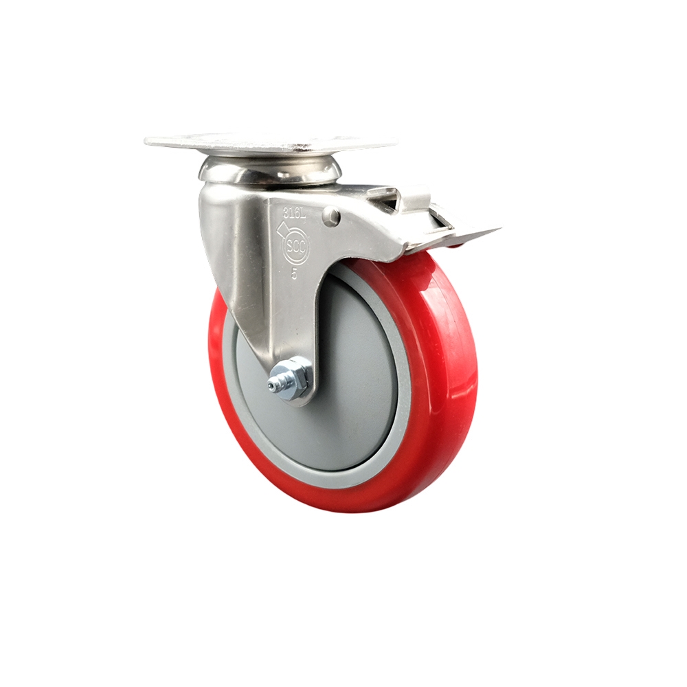 SCC-SS316TTL20S514-PPUB-RED Polyurethane Swivel Top Plate Caster with 5 in. 316 Stainless Steel Red Caster Wheel & Total Lock Brake