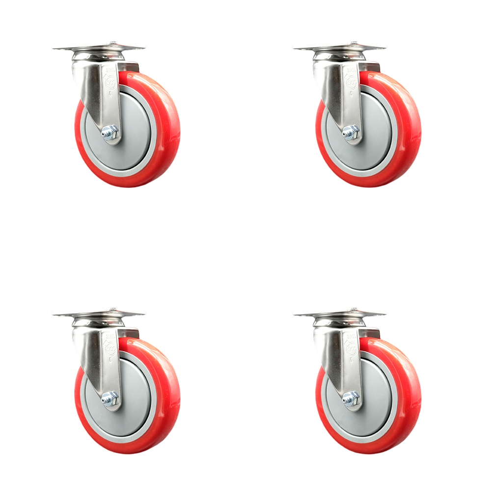 SCC-SS31620S514-PPUB-RED-4 Polyurethane Swivel Top Plate Caster with 5 in. 316 Stainless Steel Red Wheels - Set of 4