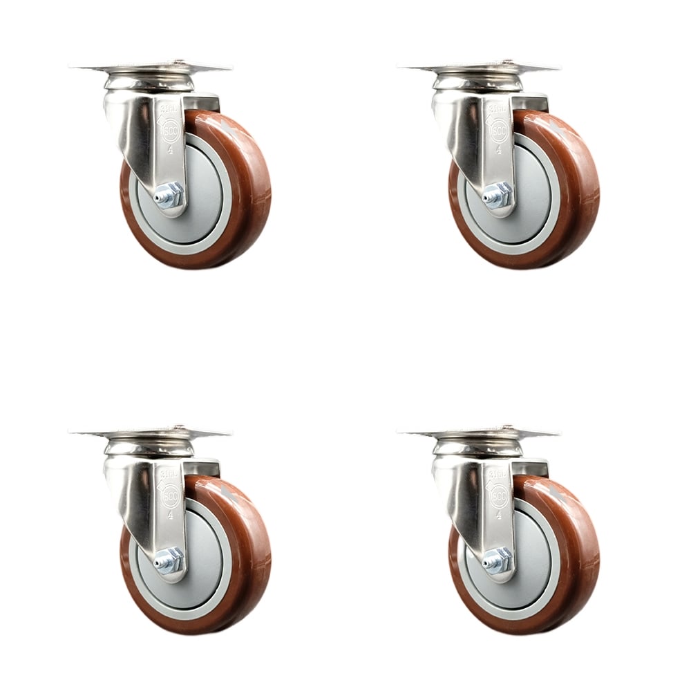 SCC-SS31620S414-PPUB-MRN-4 Polyurethane Swivel Top Plate Caster with 4 in. 316 Stainless Steel Maroon Wheels - Set of 4