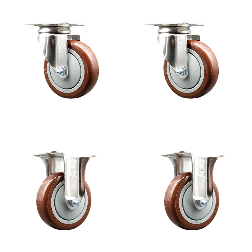 SCC-SS31620S414-PPUB-MRN-2-R-2 Polyurethane Swivel Top Plate Caster with 4 in. 316 Stainless Steel Maroon Wheels - Set of 4