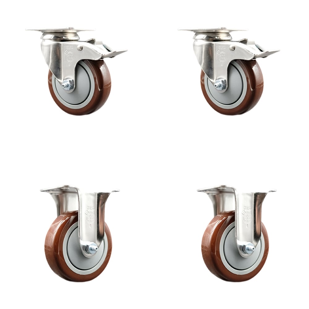 SCC-SS316TTL20S414-PPUB-MRN-2-R-2 Polyurethane Swivel Top Plate Caster with 4 in. 316 Stainless Steel Maroon Wheels - Set of 4