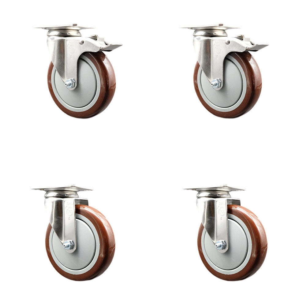 SCC-SS316TTL20S514-PPUB-MRN-2-S-2 Polyurethane Swivel Top Plate Caster with 5 in. 316 Stainless Steel Maroon Wheels - Set of 4