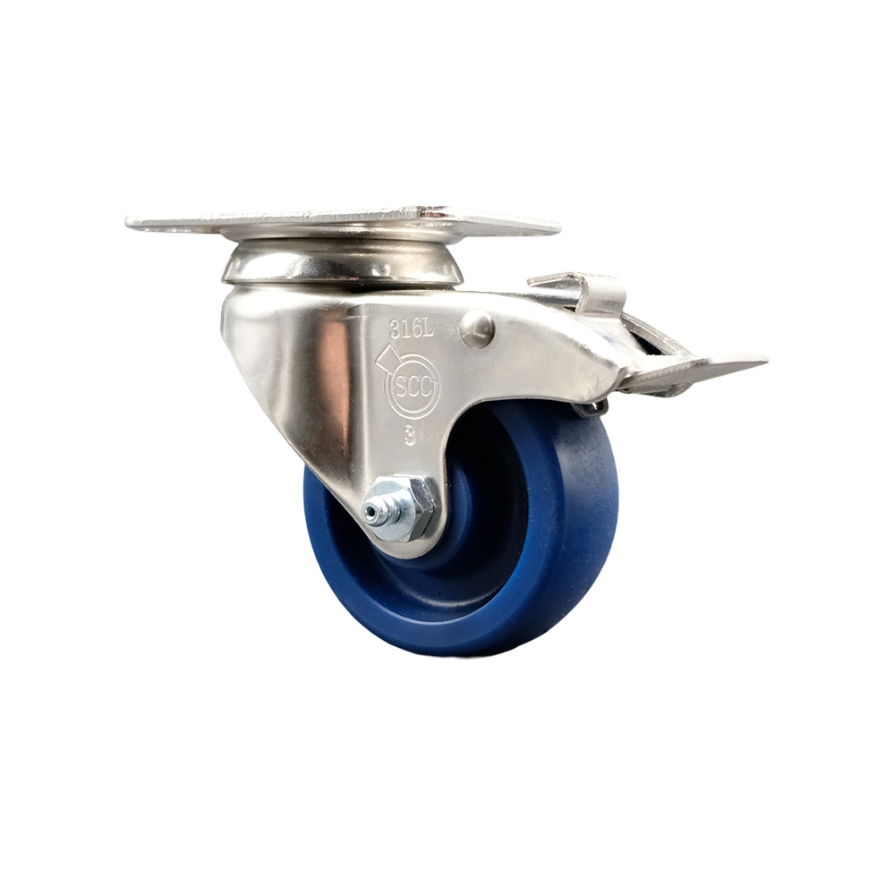 SCC-SS316TTL20S3514-SPUS Solid Polyurethane Swivel Top Plate Caster with 3.5 in. 316 Stainless Steel Blue Caster Wheel & Total Lock Brake
