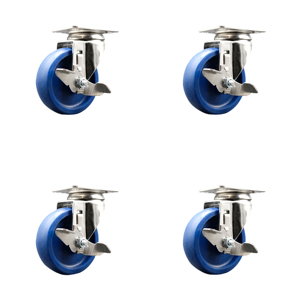 SCC-SS31620S414-SPUS-TLB-4 Solid Poly Swivel Top Plate Caster with 4 in. Blue Caster Wheels - 316 Stainless Steel Caster - Set of 4