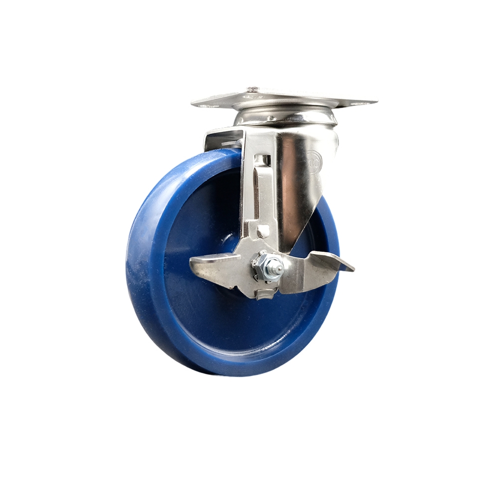 SCC-SS31620S514-SPUS-TLB Solid Polyurethane Swivel Top Plate Caster with 5 in. 316 Stainless Steel Blue Caster Wheel & Top Lock Brake