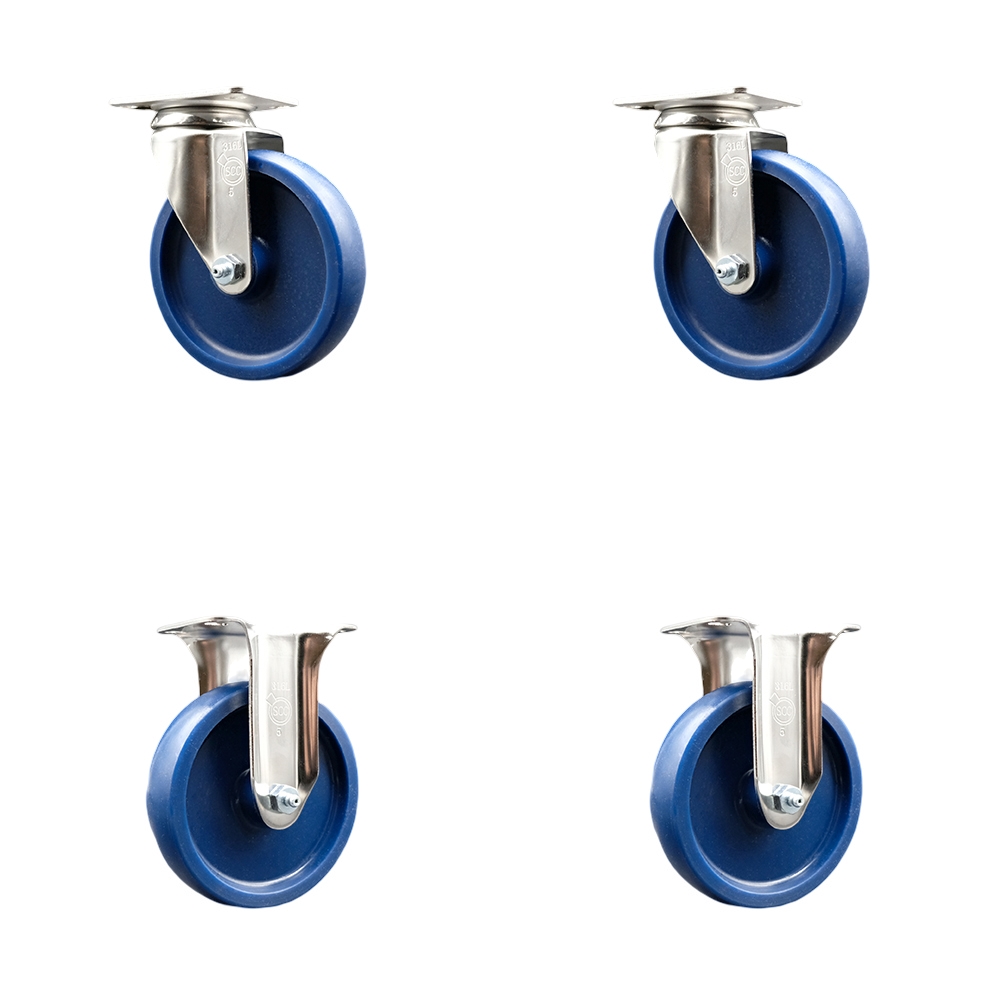 SCC-SS31620S514-SPUS-2-R-2 Solid Polyurethane Swivel Top Plate Caster with 5 in. 316 Stainless Steel Blue Wheels - Set of 4