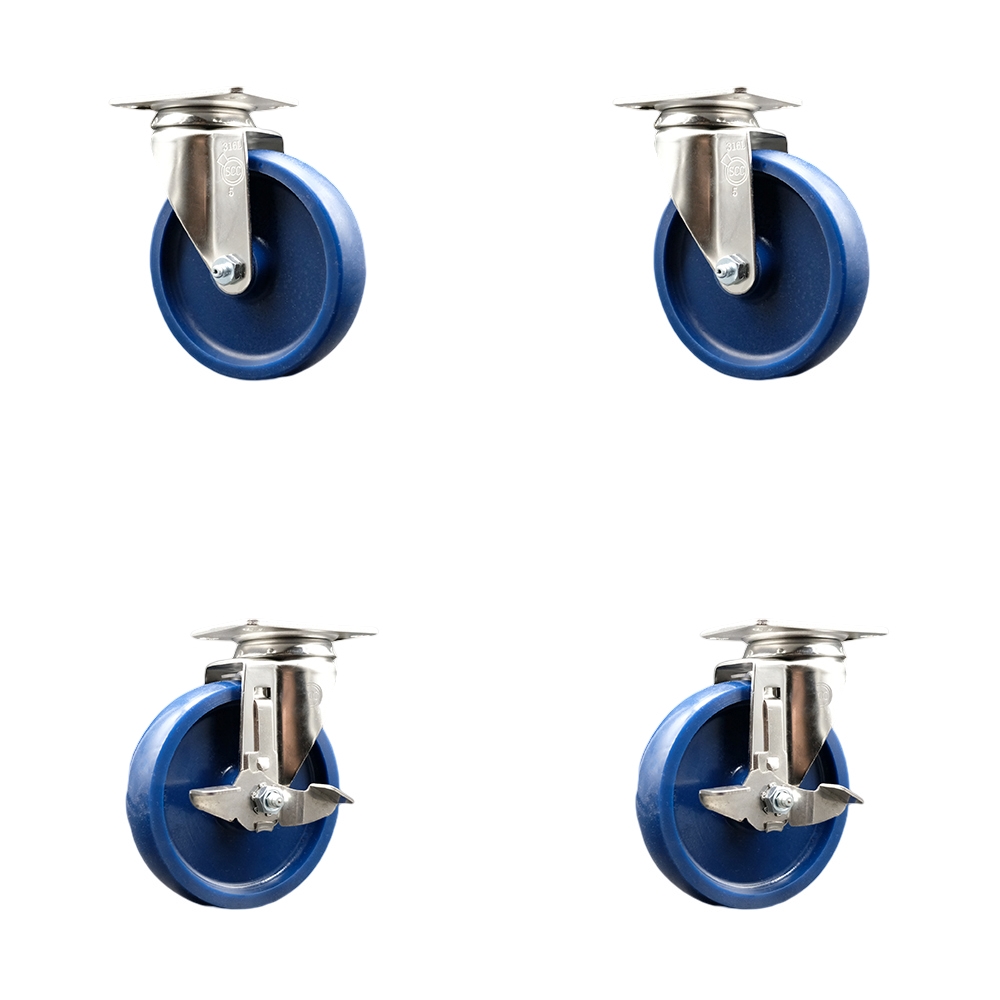 SCC-SS31620S514-SPUS-2-TLB-2 Solid Polyurethane Swivel Top Plate Caster with 5 in. 316 Stainless Steel Blue Wheels - Set of 4