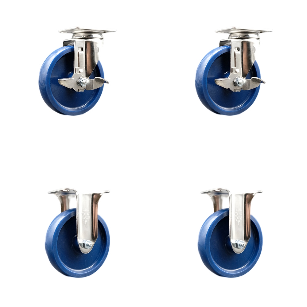 SCC-SS31620S514-SPUS-TLB-2-R-2 Solid Polyurethane Swivel Top Plate Caster with 5 in. 316 Stainless Steel Blue Wheels - Set of 4