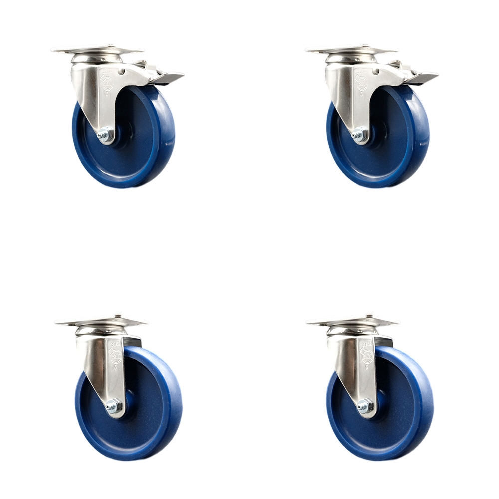 SCC-SS316TTL20S514-SPUS-2-S-2 Solid Polyurethane Swivel Top Plate Caster with 5 in. 316 Stainless Steel Blue Wheels - Set of 4