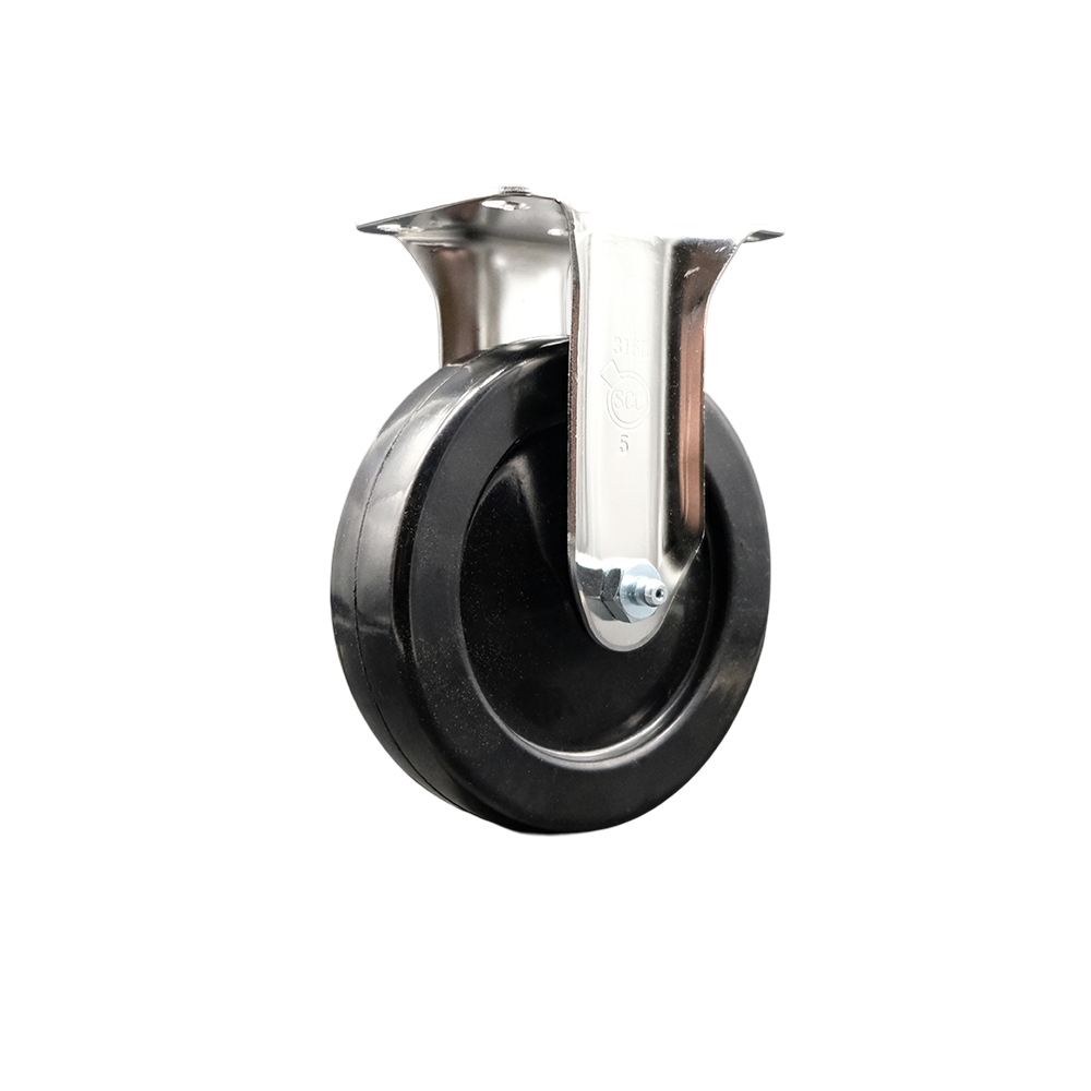 SCC-SS31620R514-SRS Soft Rubber Rigid Top Plate Caster with 5 in. Black Caster Wheel - 316 Stainless Steel Caster