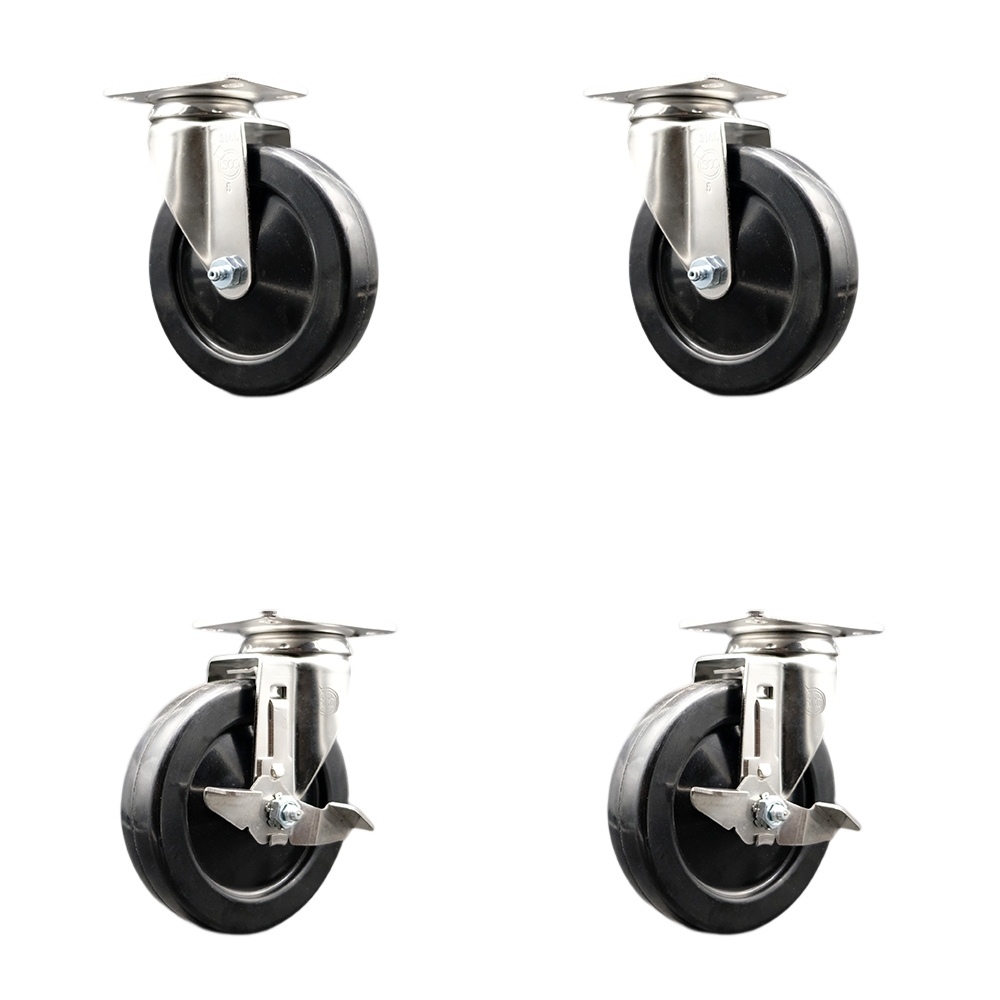 SCC-SS31620S514-SRS-2-TLB-2 Soft Rubber Swivel Top Plate Caster with 5 in. Black Caster Wheels - 316 Stainless Steel Casters - Set of 4