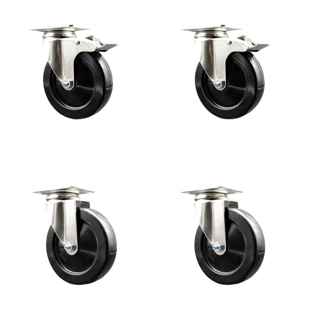 SCC-SS316TTL20S514-SRS-2-S-2 Soft Rubber Swivel Top Plate Caster with 5 in. Black Caster Wheels - 316 Stainless Steel Casters - Set of 4