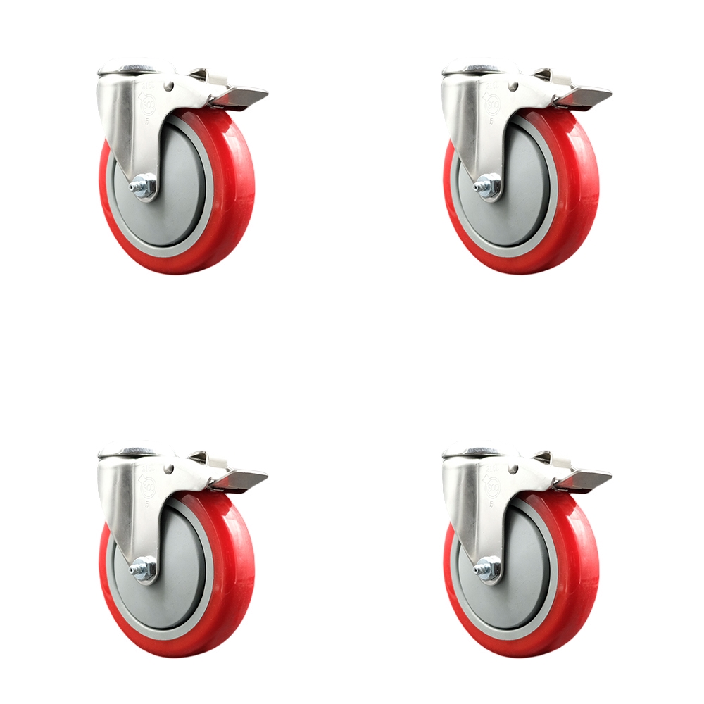 SCC-SS316BHTTL20S514-PPUB-RED-4 Polyurethane Swivel Bolt Hole Caster with 5 in. Red Caster Wheels - 316 Stainless Steel Caster - Set of 4