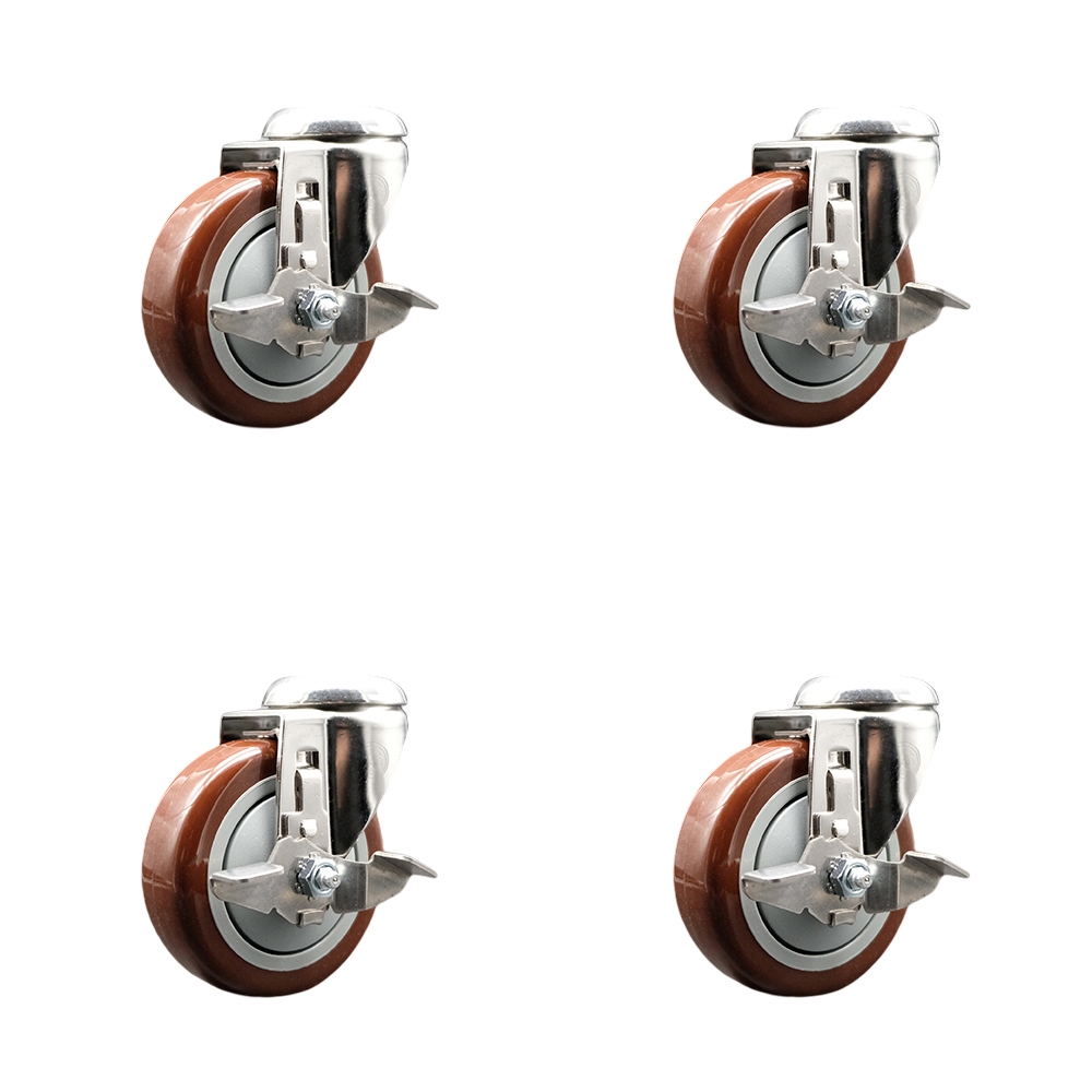 SCC-SS316BH20S414-PPUB-MRN-TLB-4 Polyurethane Swivel Bolt Hole Caster with 4 in. Maroon Caster Wheels - 316 Stainless Steel Casters - Set of 4