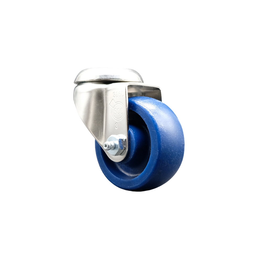 SCC-SS316BH20S314-SPUS Solid Polyurethane Swivel Bolt Hole Caster with 3 in. Blue Caster Wheel - 316 Stainless Steel Caster