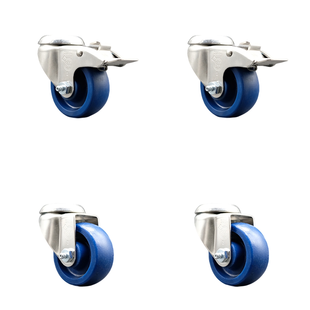 SCC-SS316BHTTL20S314-SPUS-2-S-2 Solid Polyurethane Swivel Bolt Hole Caster with 3 in. Blue Caster Wheels - 316 Stainless Steel Casters - Set of 4