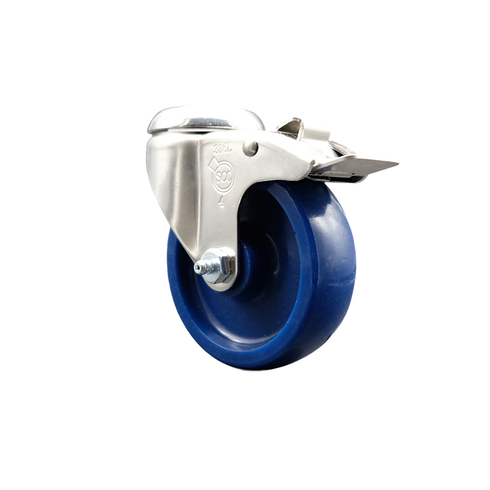 SCC-SS316BHTTL20S414-SPUS Solid Polyurethane Swivel Bolt Hole Caster with 4 in. Blue Caster Wheel & Total Lock Brake - 316 Stainless Steel Caster