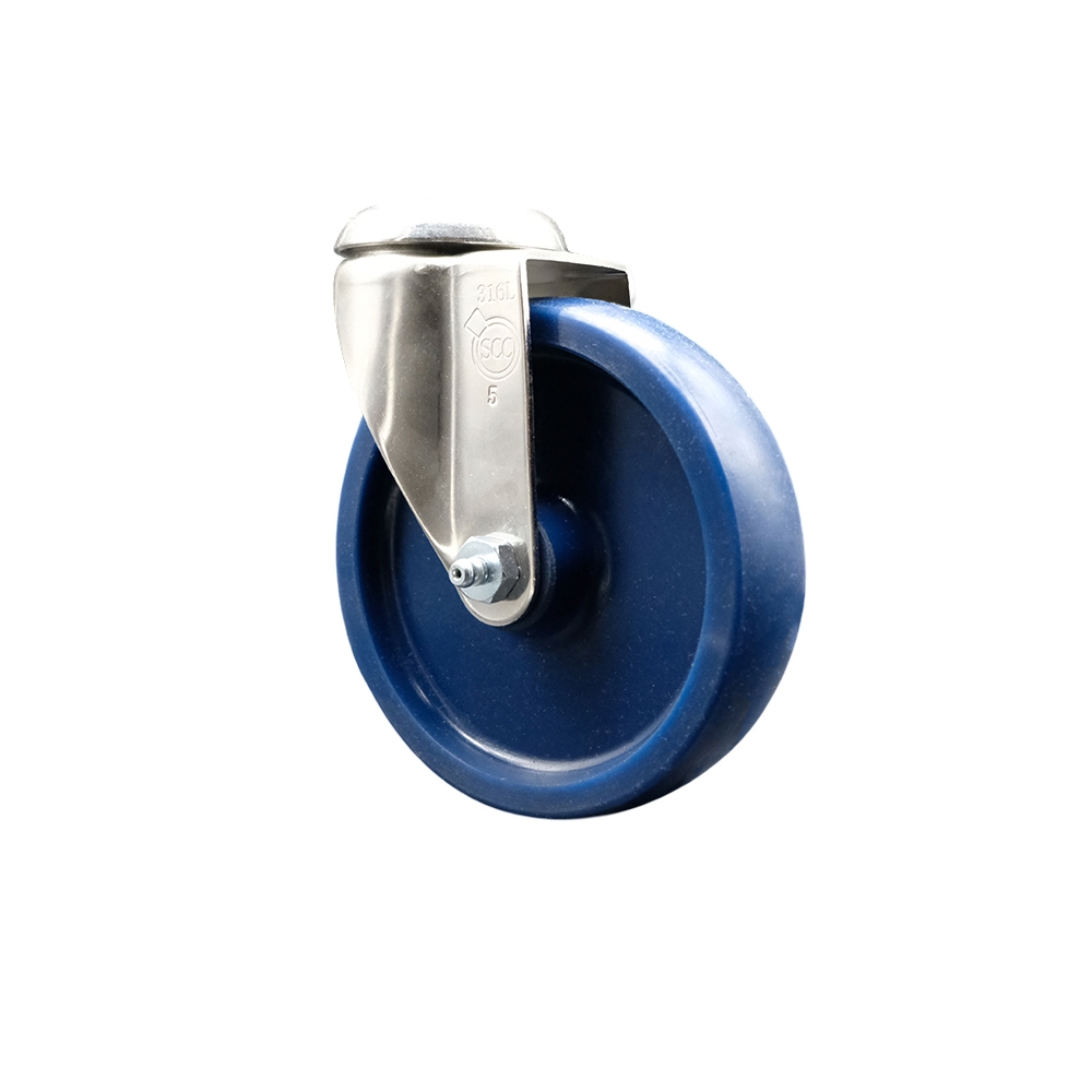 SCC-SS316BH20S514-SPUS Solid Polyurethane Swivel Bolt Hole Caster with 5 in. Blue Caster Wheel - 316 Stainless Steel Caster