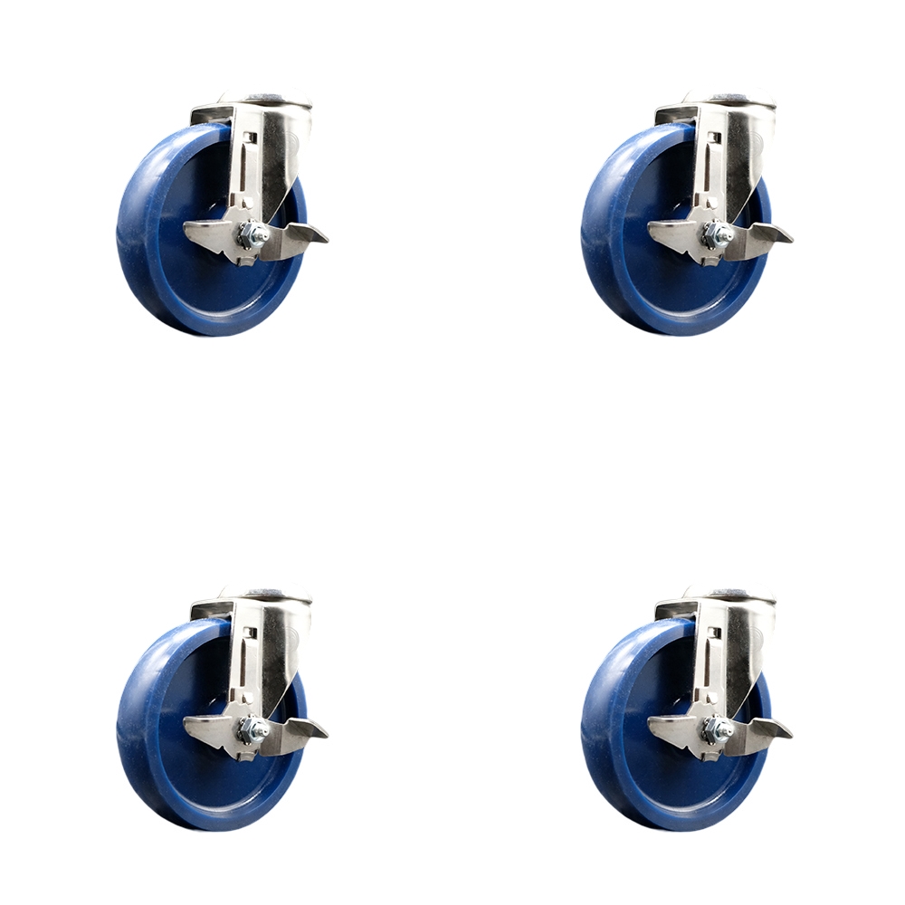 SCC-SS316BH20S514-SPUS-TLB-4 Solid Poly Swivel Bolt Hole Caster with 5 in. Blue Caster Wheels - 316 Stainless Steel Casters - Set of 4