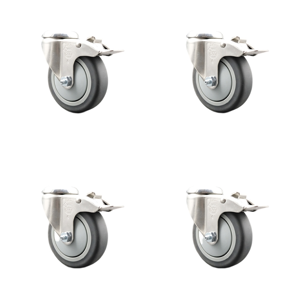 SCC-SS316BHTTL20S414-TPRB-4 Thermoplastic Rubber Swivel Bolt Hole Caster with 4 in. Caster Wheels - 316 Stainless Steel Casters - Set of 4